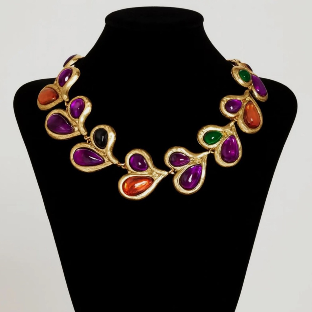 Vintage Large Jelly Belly Gold Finish Necklace Clear & Purple Teardrops - Picture 4 of 5